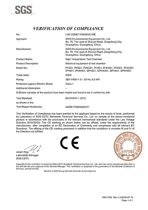 380V High Temperature Chamber - LVD Certificate